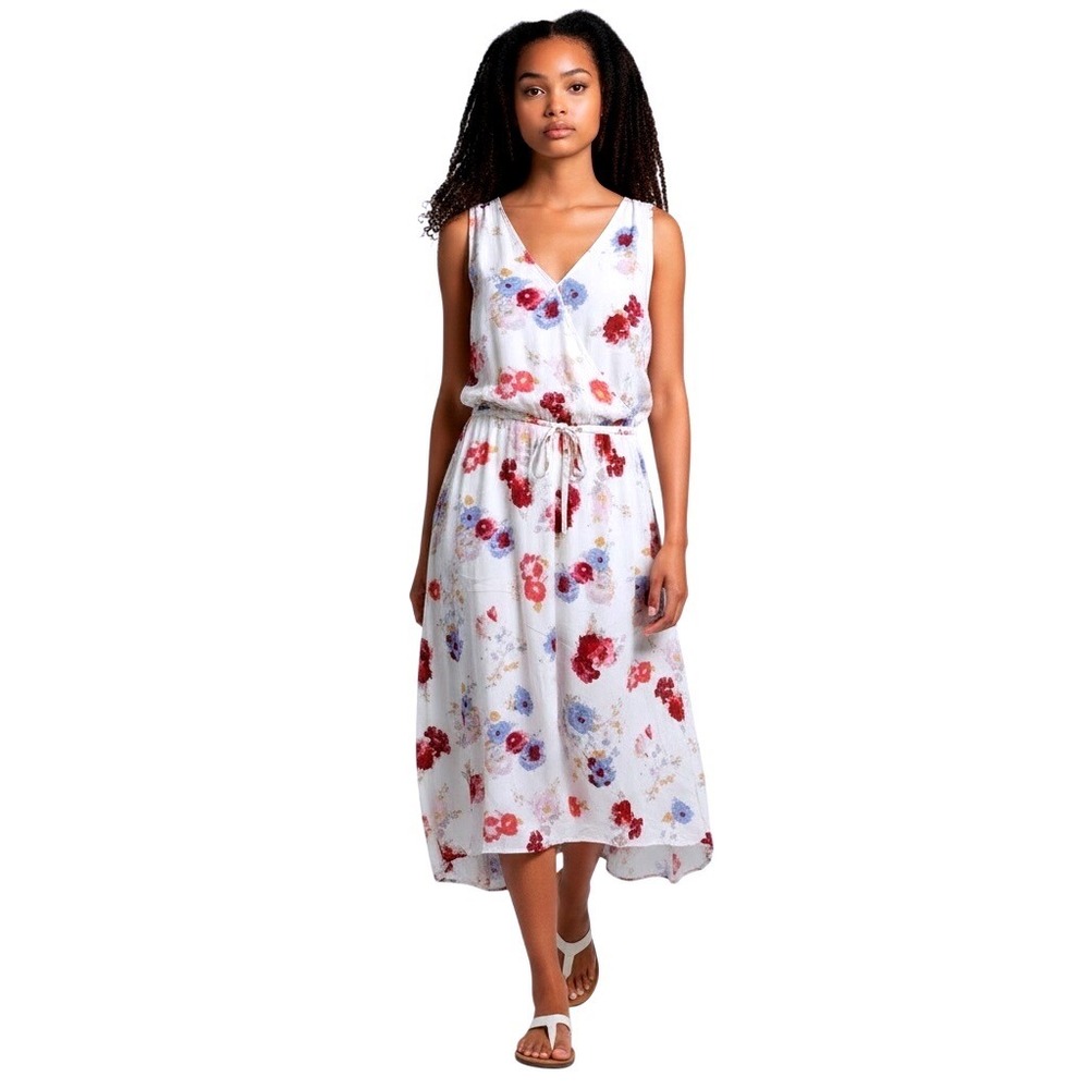 Lucky Brand Floral Midi Dress Large White Red Blue Cottagecore Boho Casual